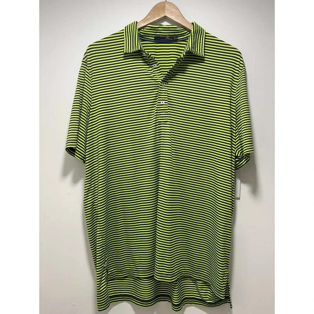 RLX Ralph Lauren Polo Golf Shirt XXL Lime Grn/Navy Striped Performance Mens 2XL